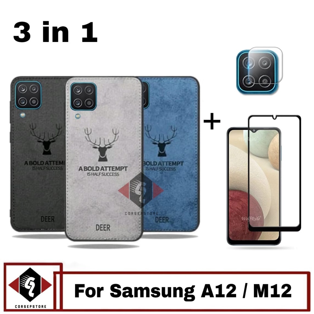 Promo Paket 3 IN 1 Case Deer Samsung A12 / M12 Free Tempered Glass Layar Dan Camera