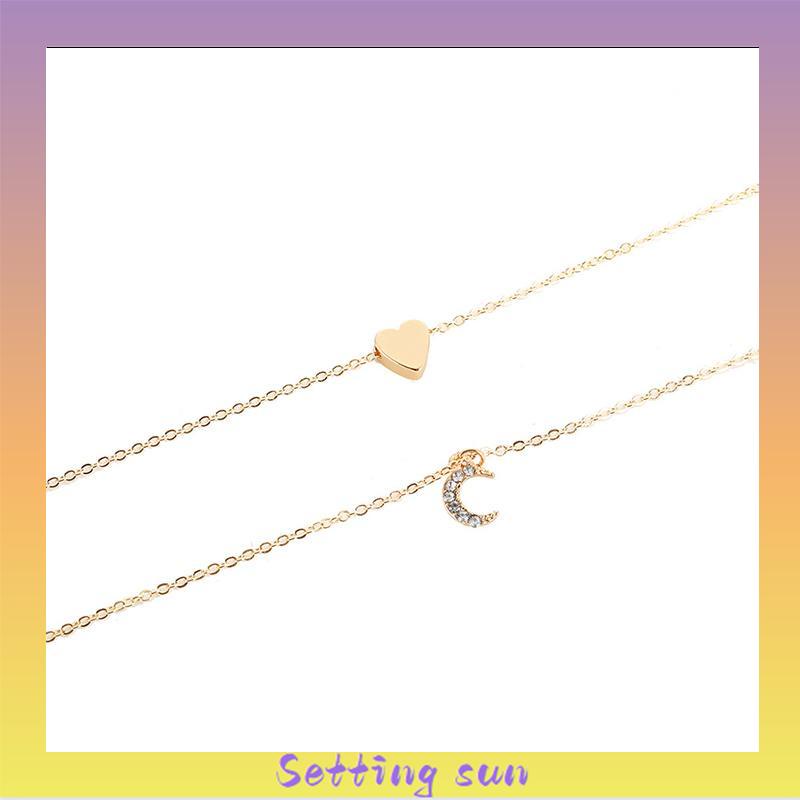 Kalung Rantai Multilayer Dengan Liontin Hati Dan Bulan Untuk Wanita TN