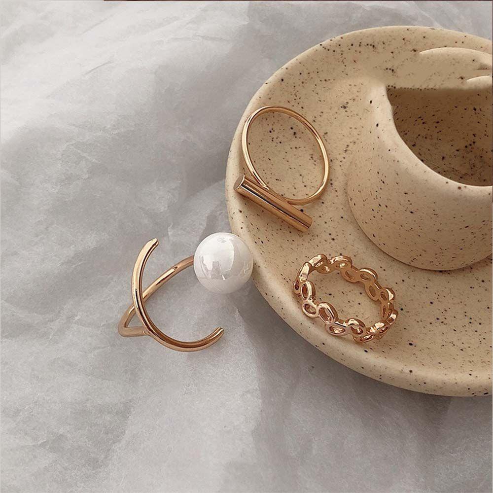 3pcs / set Cincin Jari Bahan Alloy Aksen Mutiara Gaya Korea Untuk Wanita