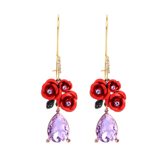 LRC Anting Tusuk Fashion Red Flower Drop Diamond Earrings F52115