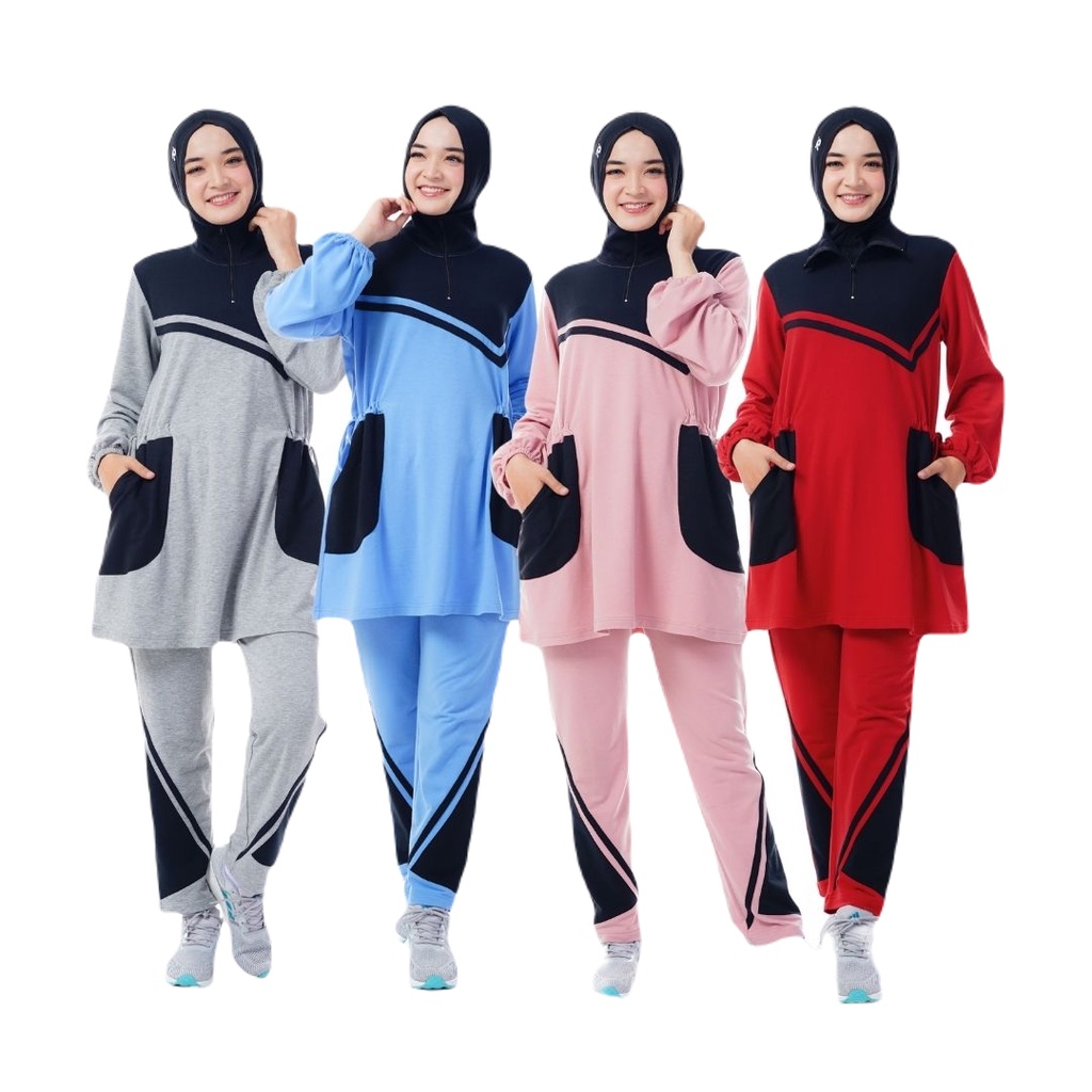 [ROCELLA] SERIES BRIANA MAUZA set baju olahraga senam jogging aerobic lari badminton basket bulu tangkis wanita muslim muslimah ukuran jumbo SMLXXXL warna red velvet merah maroon marun, light grey abu abu terang, sky blue biru langit, baby peach pink