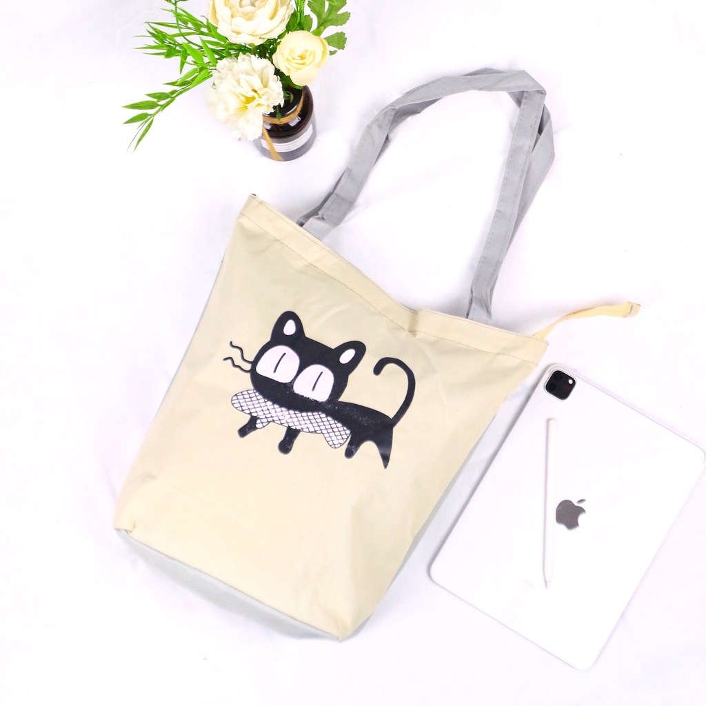 Cat Tote Bag wanita sablon Kucing-Tas jinjing Wanita- Totebag wanita kuliah Murah EMOEMO