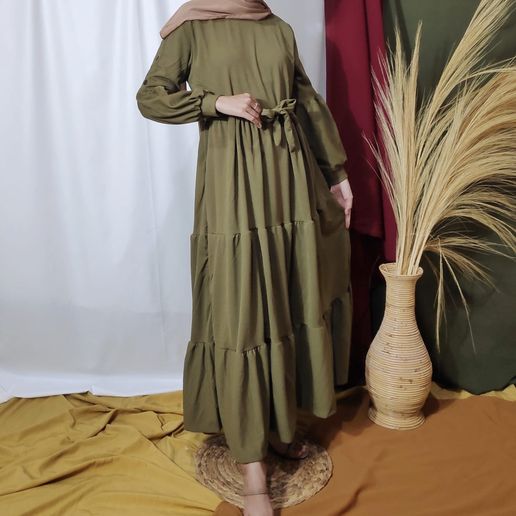 Gamis Wanita Lengan Panjang Fashion Muslim Devi Fit  L-XL Lingkar Dada 100cm Panjang 130cm-DeviButton OliveTua