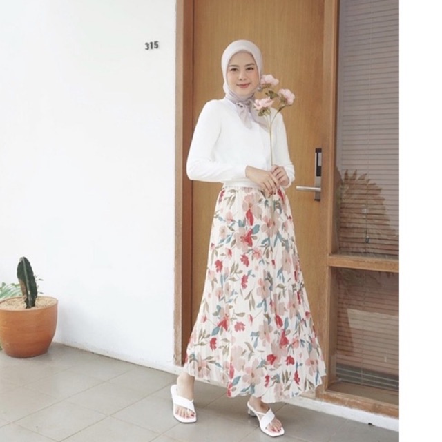ORIGINAL ROK PLISKET IMPORT SKIRT PANJANG PLEATED SIFON BUNGA LIPIT PRISKET CHIFFON