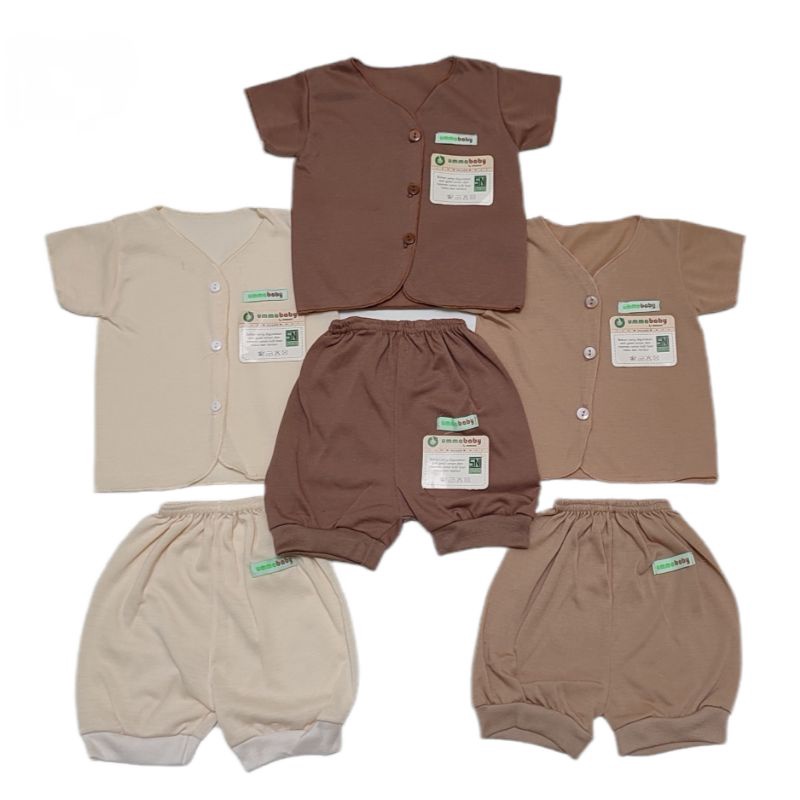 6 pcs / 3 Set Setelan Baju Bayi Baru Lahir Lengan Pendek Katun Halus Lembut SNI Baju Celana Paket Newborn Baby Perlengkapan Bayi Baru  Lahir Gift Kado Bayi Laki Perempuan-Pendek cream