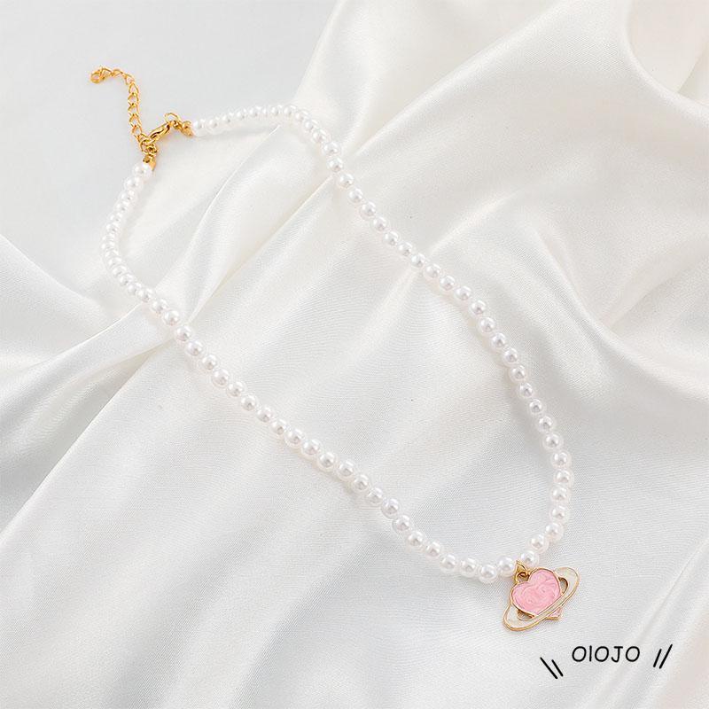 【COD】Kalung Rantai Dengan Liontin Hati + Planet Warna Pink Untuk Wanita