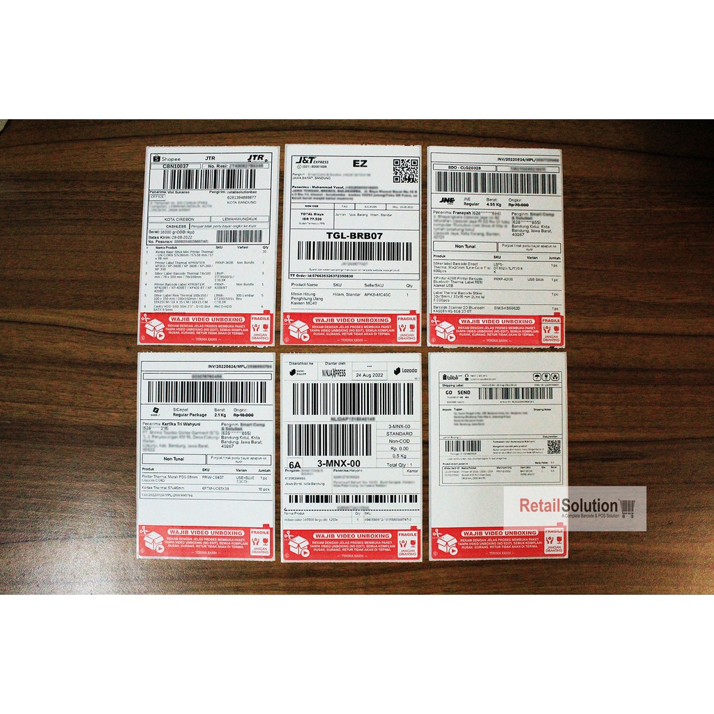 Bundle isi 2 Roll - Stiker Label Thermal Alamat AWB Unboxing + Fragile A6 100x150 mm / 10x15 cm @300 lembar