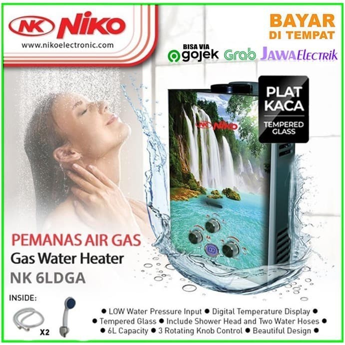 NIKO Water Heater Gas NK 6LDGA Kapasitas 6 Liter PLAT KACA FREE SHOWER