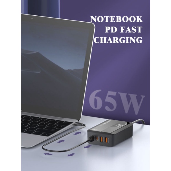 LDNIO A4808Q - 65W Fast Charge Desktop Charger - Support PD and QC 3.0 - 2 USB Port + 2 USB-C Port - Bisa untuk Smartphone, Tablet dan Laptop