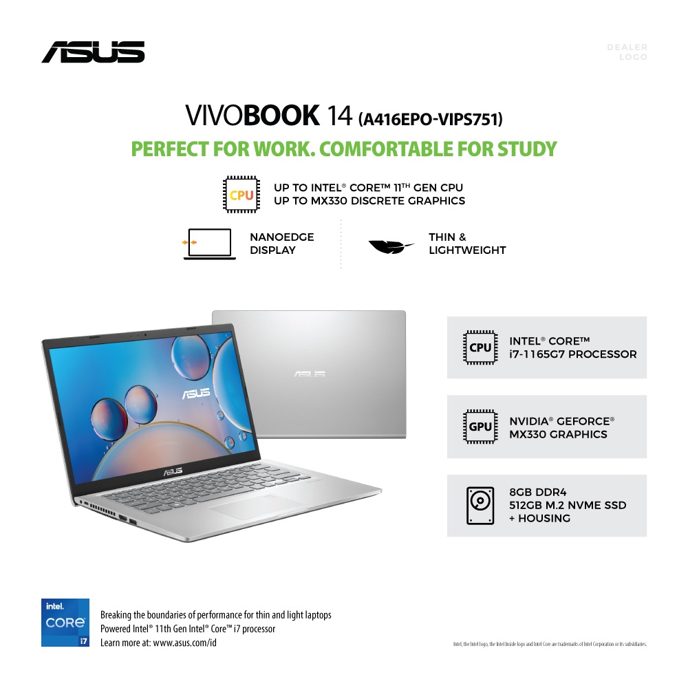 ASUS Vivobook Laptop 14 Inch Transparent Silver A416JPO-VIPS751 Intel i7-1065G7/512GB/8GB/MX330/Back