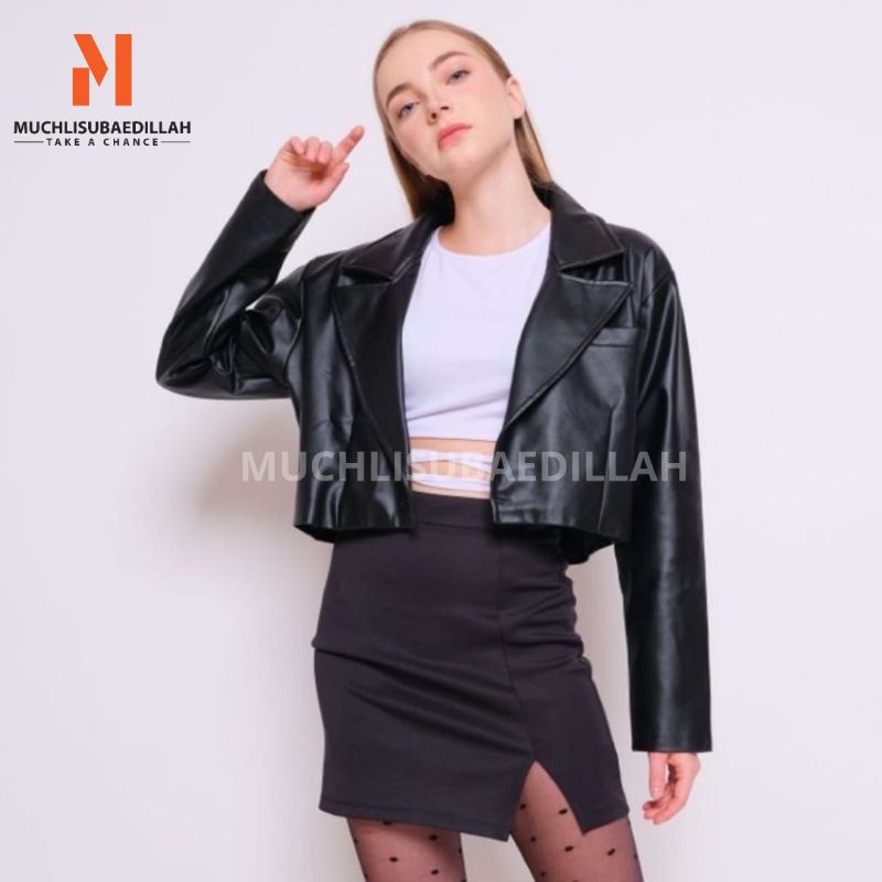 Jaket Kulit Wanita Blazer Crop Black Casual