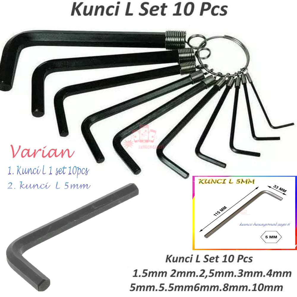 Kunci L ( 1 Set Isi 10pcs ) &amp; Kunci L 5mm Kunci Hexagonal Segi 6  Hex Key Ring 10in1 Tools Wrench Kunci L Set Hex Key Ring 10 in 1 Tools 10 Pcs