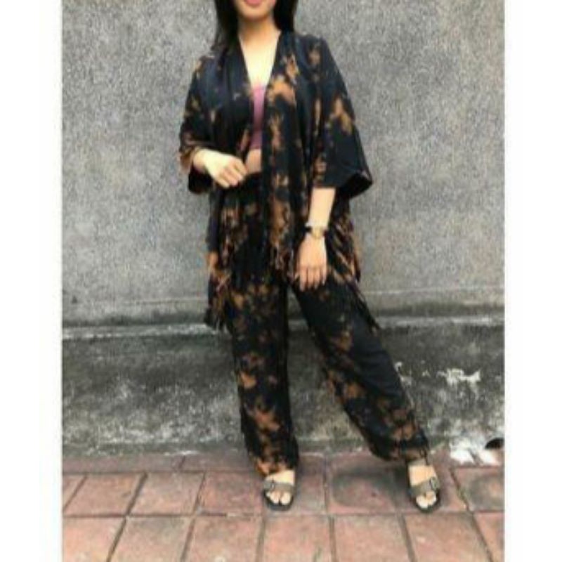 SET OUTER CARDIGAN TIE DYE KARDIGAN TIE DIE TIEDYE-Hitam bercak coklat