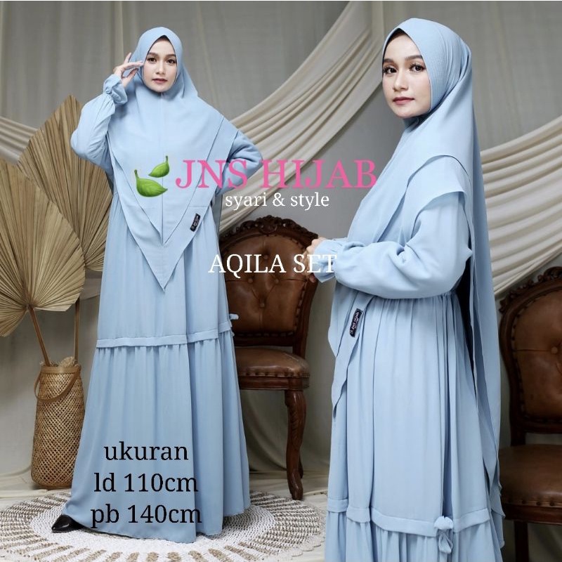 baju gamis syari AQILA SET khimar syari 2 layer premium ori jns hijab