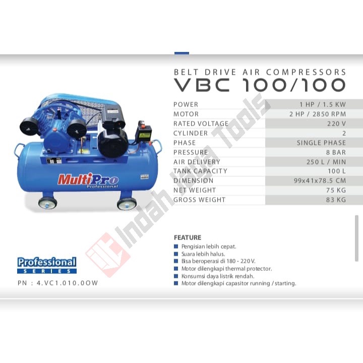 MULTIPRO VBC 100/100 Mesin Kompresor Angin 2 HP 100 L Udara 1 HP