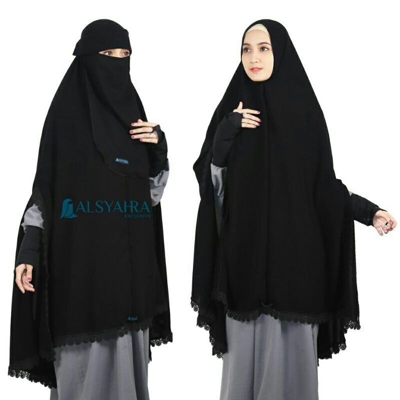 Set Khimar Handsplit Al shams Niqab Bandana Poni Jetblack Alsyahra Exclusive