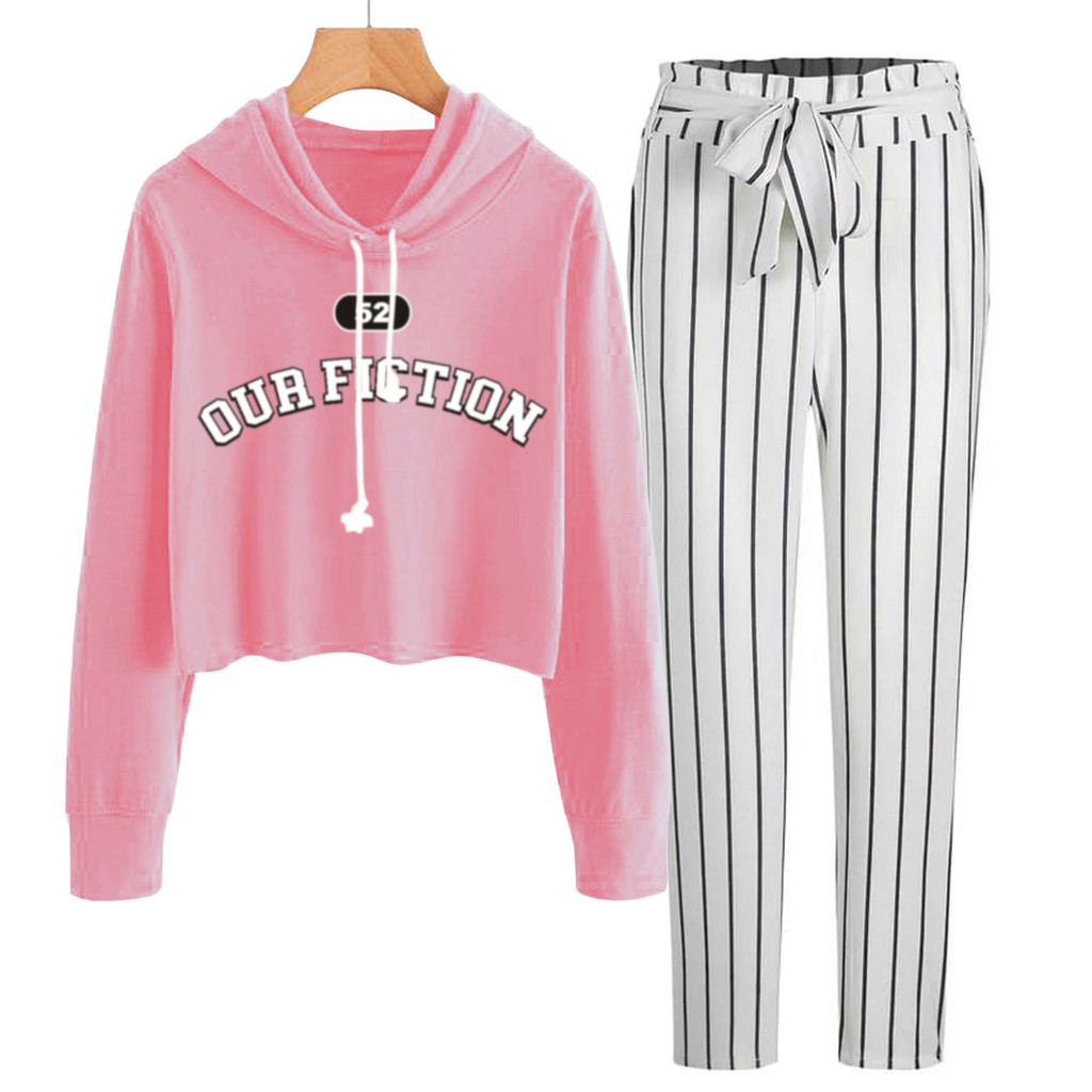 BESS - Baju Setelan Wanita Murah / Setelan Hoodie Crop + Celana Salur Putih - OUR FICTION