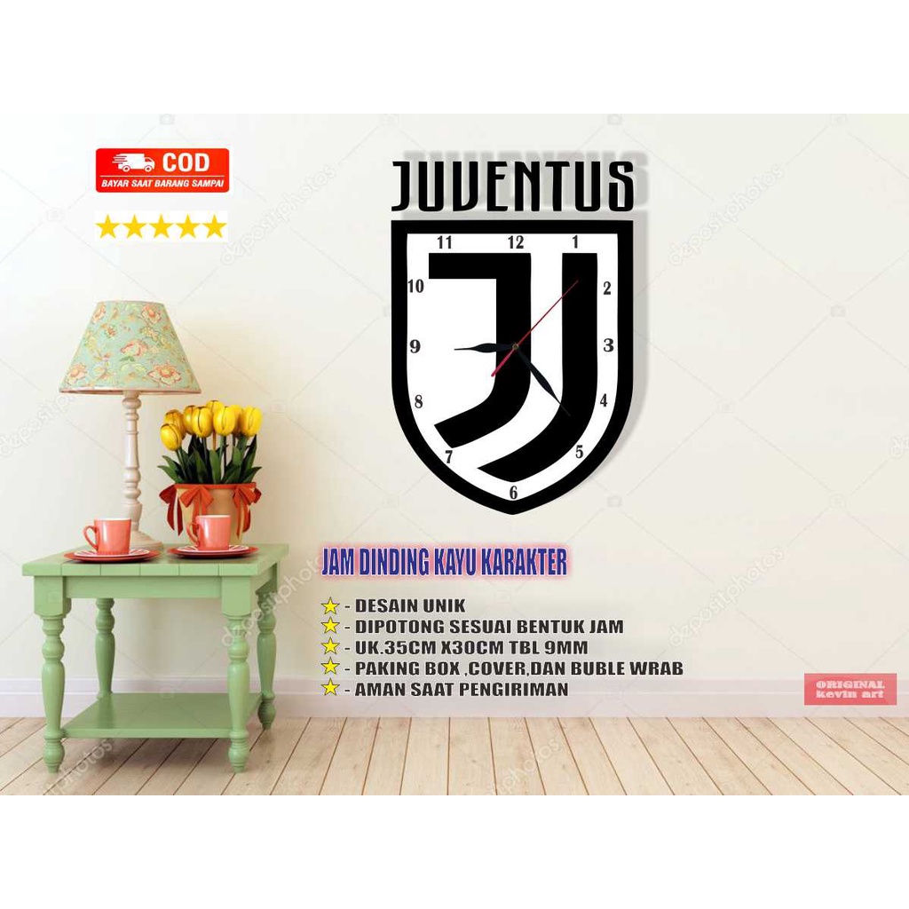 JAM DINDING KARAKTER UNIK MURAH VINTAGE UKIRAN KAYU GAMBAR LOGO JUVENTUS TERBARU