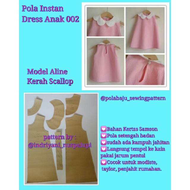 Pola Baju Dress Anak  002 model aline kerah scallop - Pola Instan Baju dress anak sewing Pattern