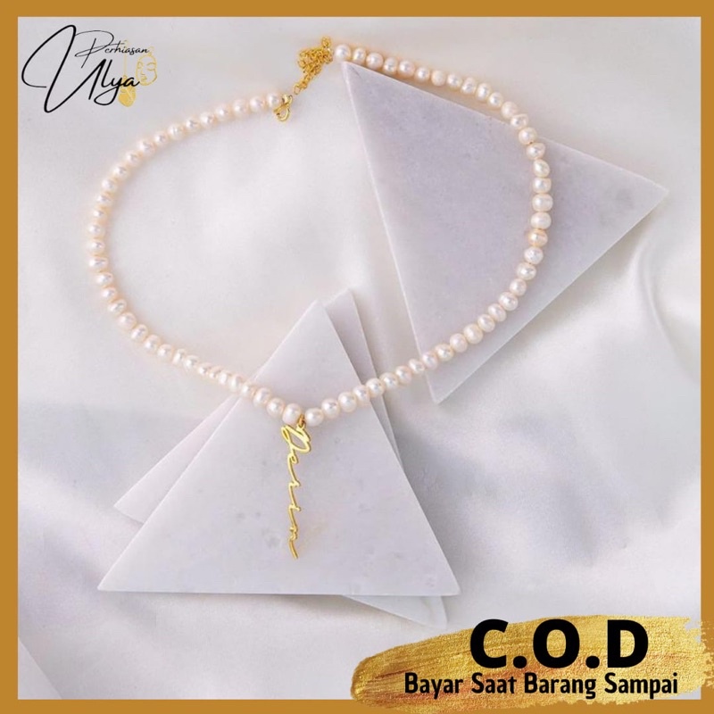 KALUNG MUTIARA LIONTIN TITANIUM LAPIS EMAS CUSTOM NAMA HURUF INISIAL VERTIKAL CHOKER HANGUL ARAB