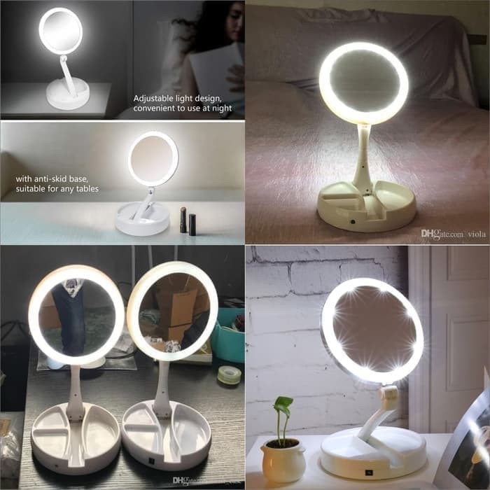 Cermin LED Foldable Kaca Rias Make Up Double Sided Mirror Rechargeable