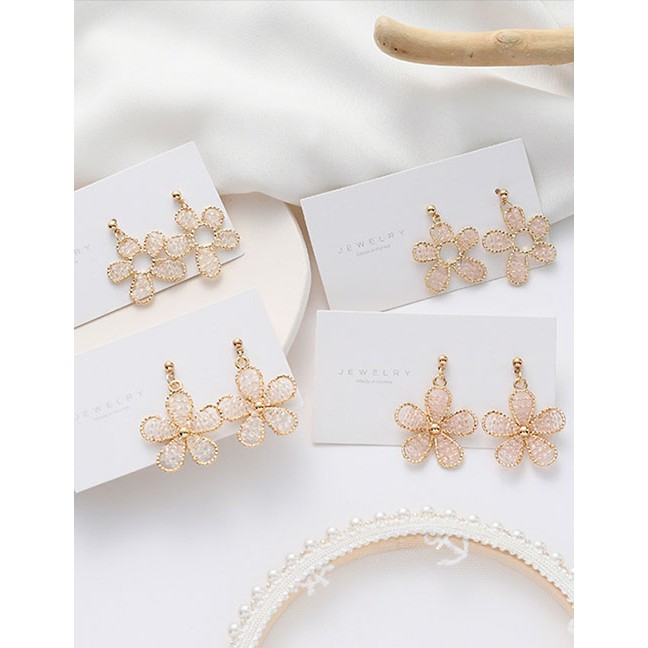 LRC Anting Tusuk Fashion White Pink Crystal Woven Hollow Flower K15915