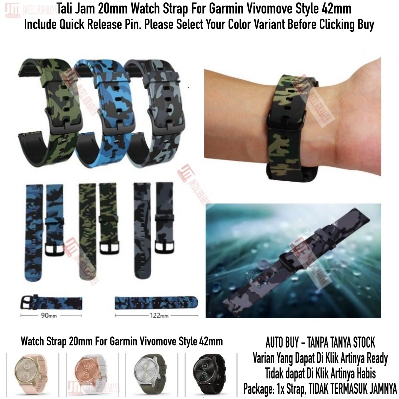 Tali Jam 20mm Watch Strap Garmin Vivomove Style 42mm - Camo Army Keren Black Buckle