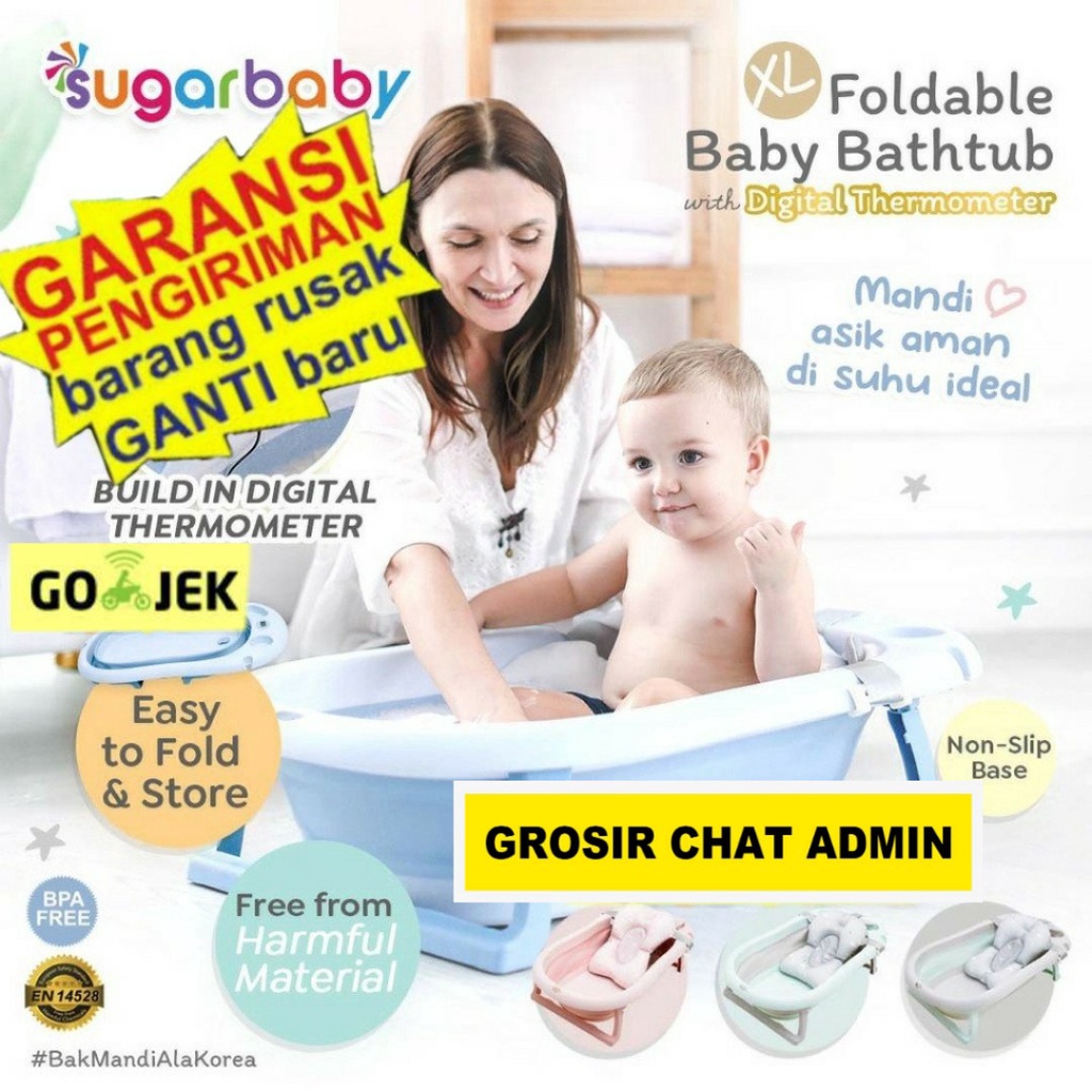 Sugarbaby Foldable Baby Bathtub with Digital Thermometer / Bak Mandi Lipat dengan termometer air digital F88 / Bak Mandi Anak Bak Mandi bayi / anak lipat / Baby Bathtub Bak Mandi Bayi Lipat/Foldable Silicon Baby Bathtub warna Pastel Tipe Basic &amp; Thermomet