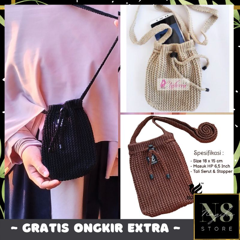 ✨NAGIHI✨ Tas Rajut Serut Mini Polos /Sling bag mini / Tas Selempang Rajut Hp/ TAS RAJUT ALA KOREA