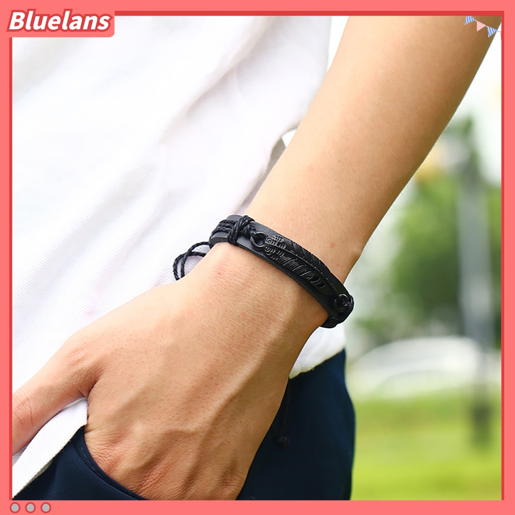 Bluelans Men Faux Leather Feather Adjustable Rope Braided Bracelet Wristband Jewelry