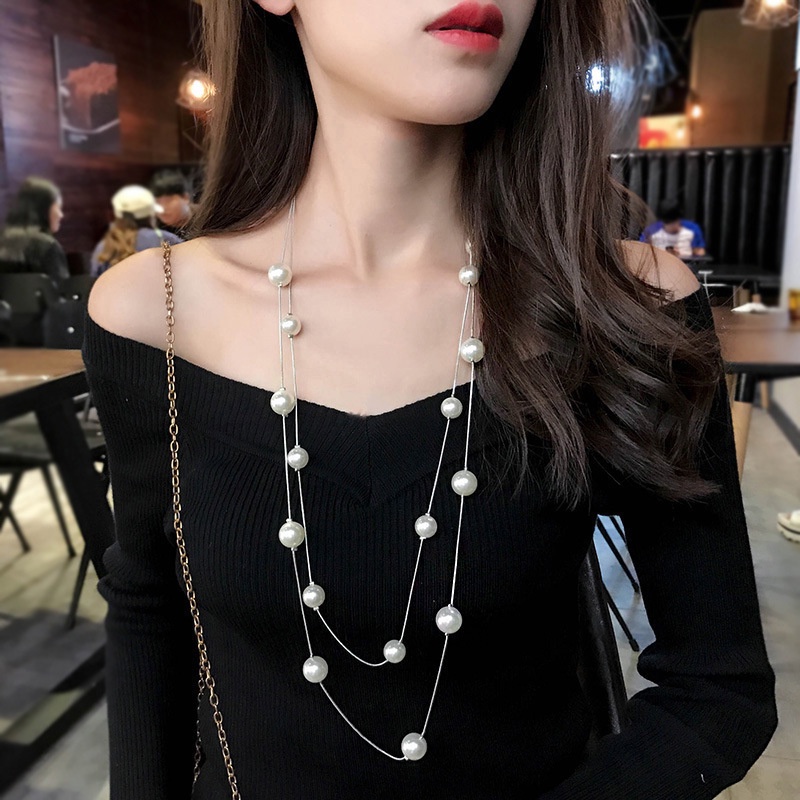 Kalung Rantai Panjang Double Layer Aksen Mutiara Buatan Gaya Korea Untuk Wanita