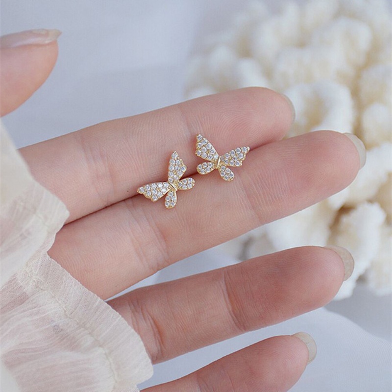 [ Cute Rhinestone Butterfly  Pearl Beads Chain  Stud Earrings Ear Jewelry for Girlfriends ]