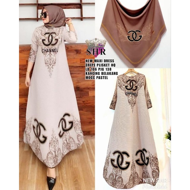 READY!! NEW!! MAXI DRESS PLISKET BAHAN CREPE HQ LD 106-108 PB 138 ORI SHR%-Mocca set jilbab