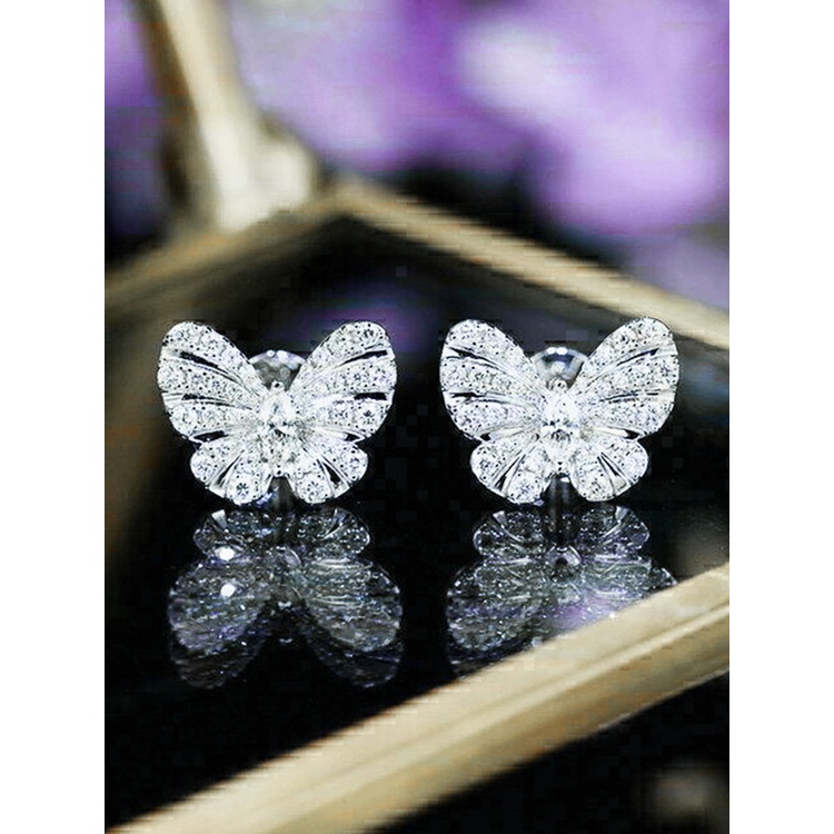 Anting Stud Desain Kupu-Kupu Aksen Kristal Untuk Wanita