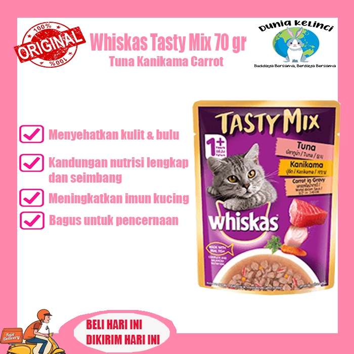 MAKANAN KUCING WHISKAS POUCH TASTY MIX TUNA KANIKAMA CARROT 70 GR