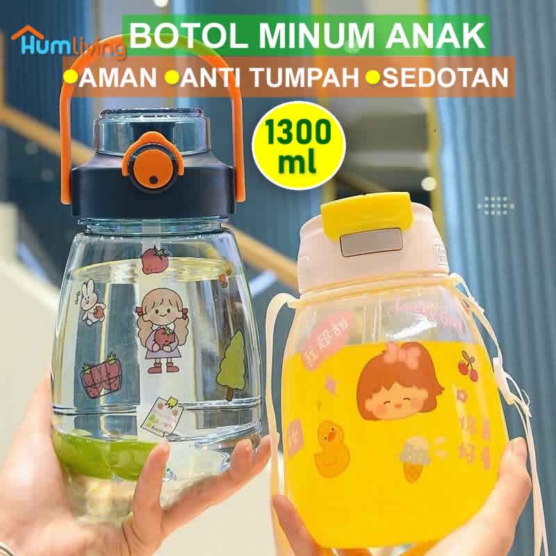 Botol Minum+Sedotan 1300ml Lucu Anti Tumpah Anak Sekolah TK, SD Perempuan, Laki Laki, Cowok Kecil Am