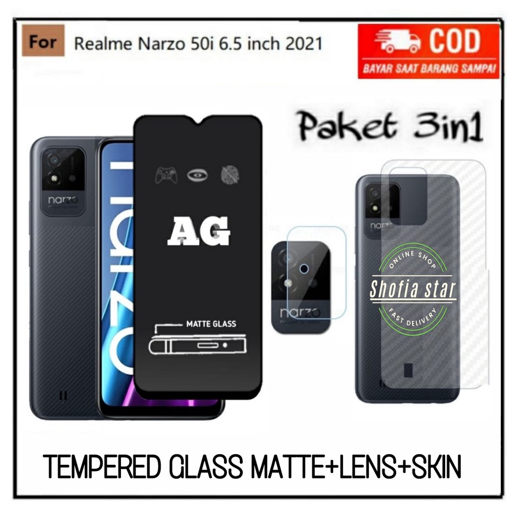 3IN1 TEMPERED GLASS MATTE REALME NARZO 50I 50A TG LAYAR ANTI GLARE KACA FULL COVER