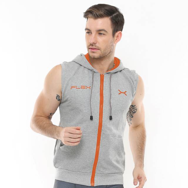 Jaket sleeveless hoodie sport fitness FLEX abu orange