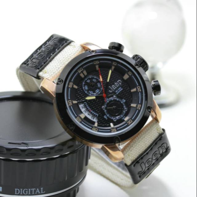 Jam Tangan Pria Jeep Crono Aktif List Gold Tali Canvas