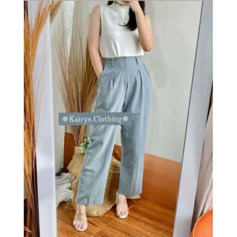 Highwaist Long Cullote Pants Black White Katun Linen Celana Panjang Kulot Linen Wanita