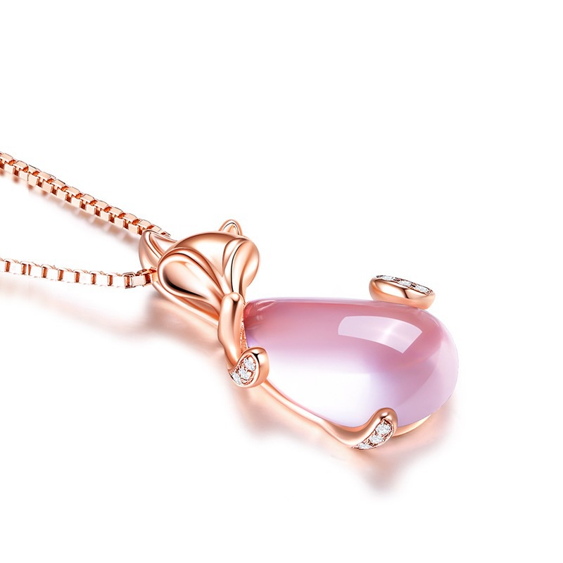 [Ready Stock]Fashionable Rose Gold Necklace Inlaid with Pink Crystal Little Fox Pendant