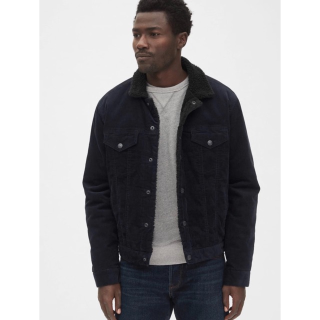 Jaket GAP Sherpa Lined Icon Corduroy Trucker Jacket Black Original