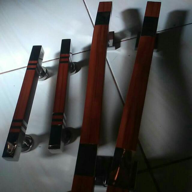 Handle Pintu Rumah Kotak 2x4 X 45 Cm Minimalis Tarikan Kayu Gagang Kunci Natural Coklat Ful Stainles
