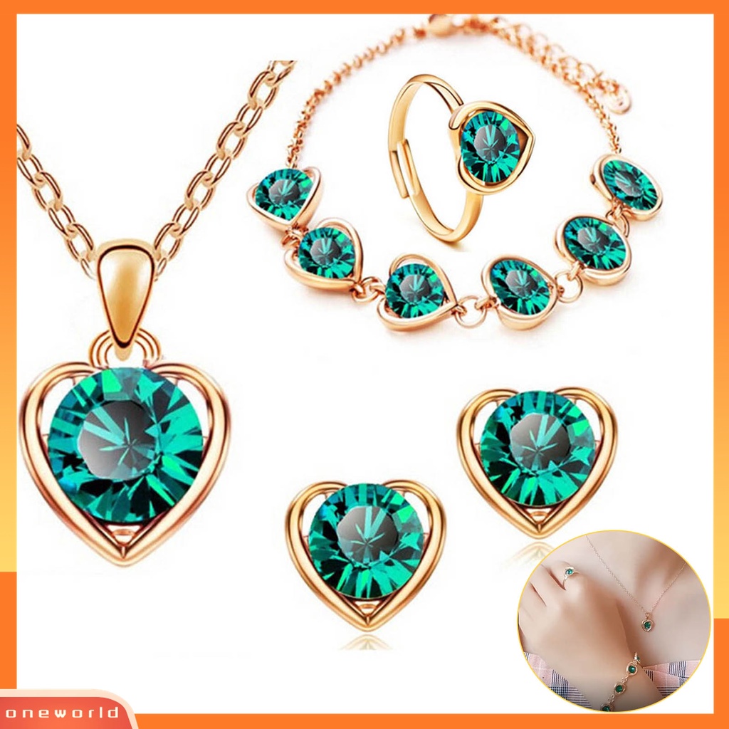 4pcs / Set Perhiasan Kalung Anting Gelang Cincin Liontin Hati Berlian Imitasi Berkilau Dapat Disesuaikan Untuk Wanita