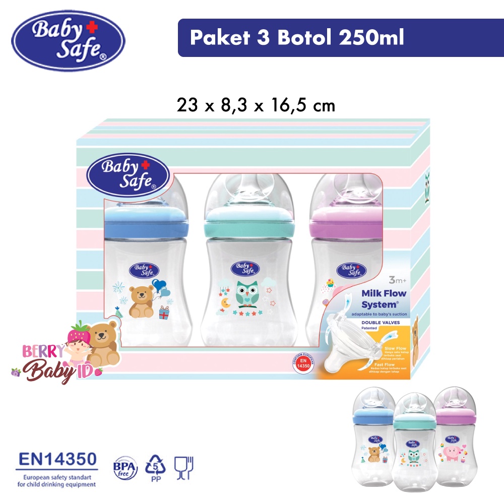 Baby Safe Bottle Set 3pc Botol Susu Bayi Wide Neck 125ml 250ml 0m+ 3m+ Berry Mart