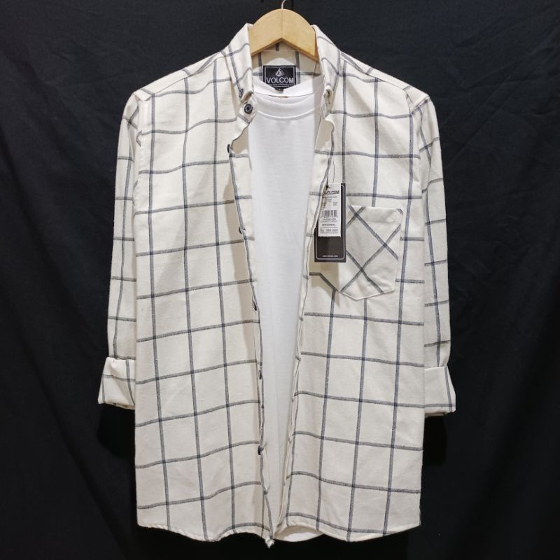 Kemeja flanel pria unisek flanel wanita panjang kotak-kotak kualitas impor bisa pilih motif-Putih garis hitam