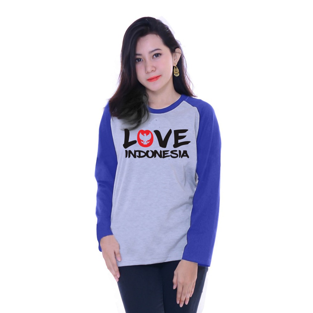 Kaos Raglan Gambar Love Indonesia | Lengan Panjang | Atasan Wanita | Ukuran M - L - XL -XXL