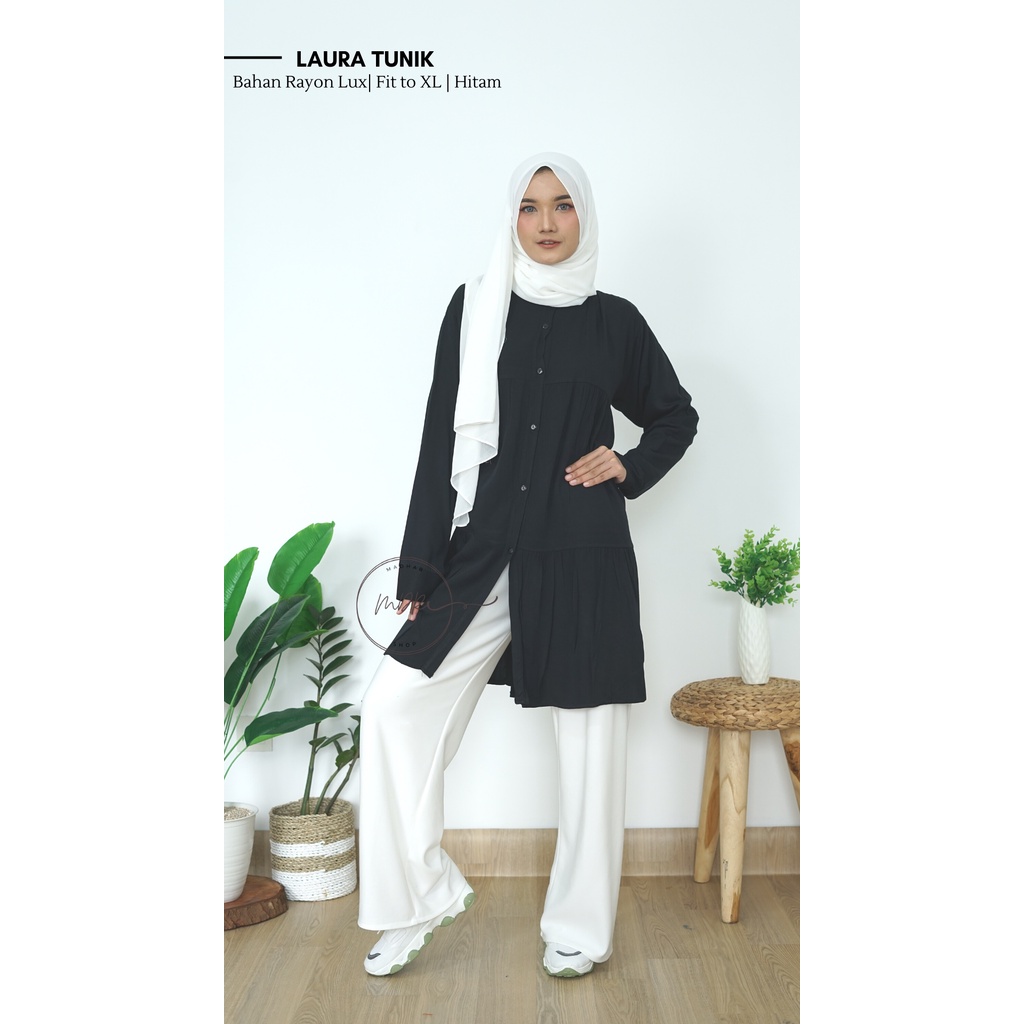 Laura Tunik Baju Atasan Wanita Muslim Busui Jumbo Polos Bahan Rayon Lux Premium Adem Fit to XL Ld 114 - Pakaian Wanita Remaja Full Kancing Depan Terbaru - Tunik Putih Basic Lengan Panjang Terlaris