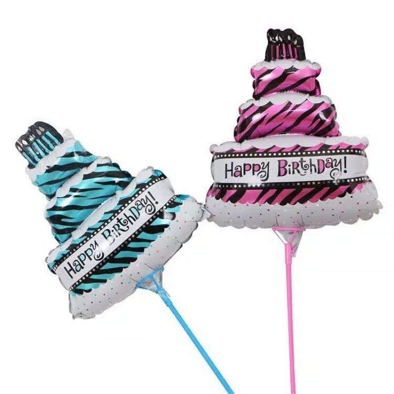 Balon Foil Karakter Mini Cake Kue Tart Pink Biru 3 Susun "Happy Birthday"
