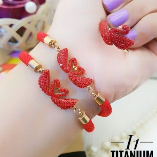 Titanium gelang dan cincin angsa merah wanita djk23